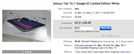 A screen of an exclusive white Galaxy Tab 10.1 on Ebay