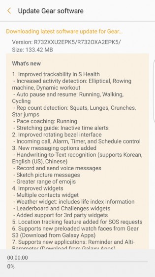 Samsung Gear S2 update notes
