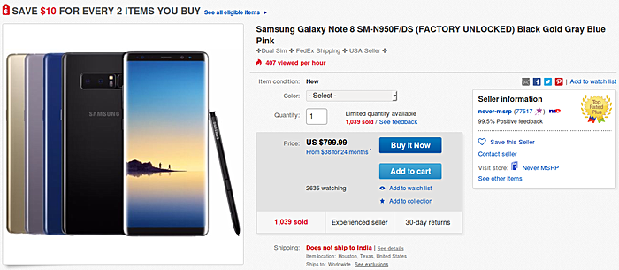 Dual-SIM Samsung Galaxy Note8 drops to under $800 in US