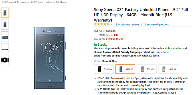 Sony Xperia XZ1 currently going for $590 in US ($110 discount)