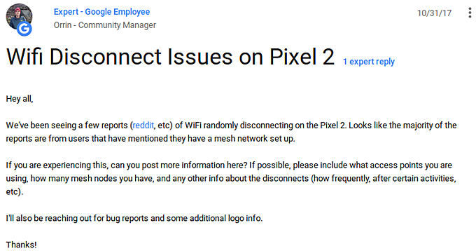 Google looking into Pixel 2 WiFi disconnect issue on mesh networks