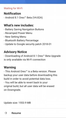 Nokia 8 tela de atualização para a versão beta do Android 8.1 Oreo