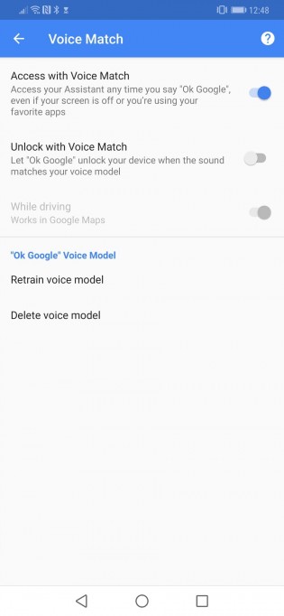 Voice Match settings on the Huawei Mate 20 Pro